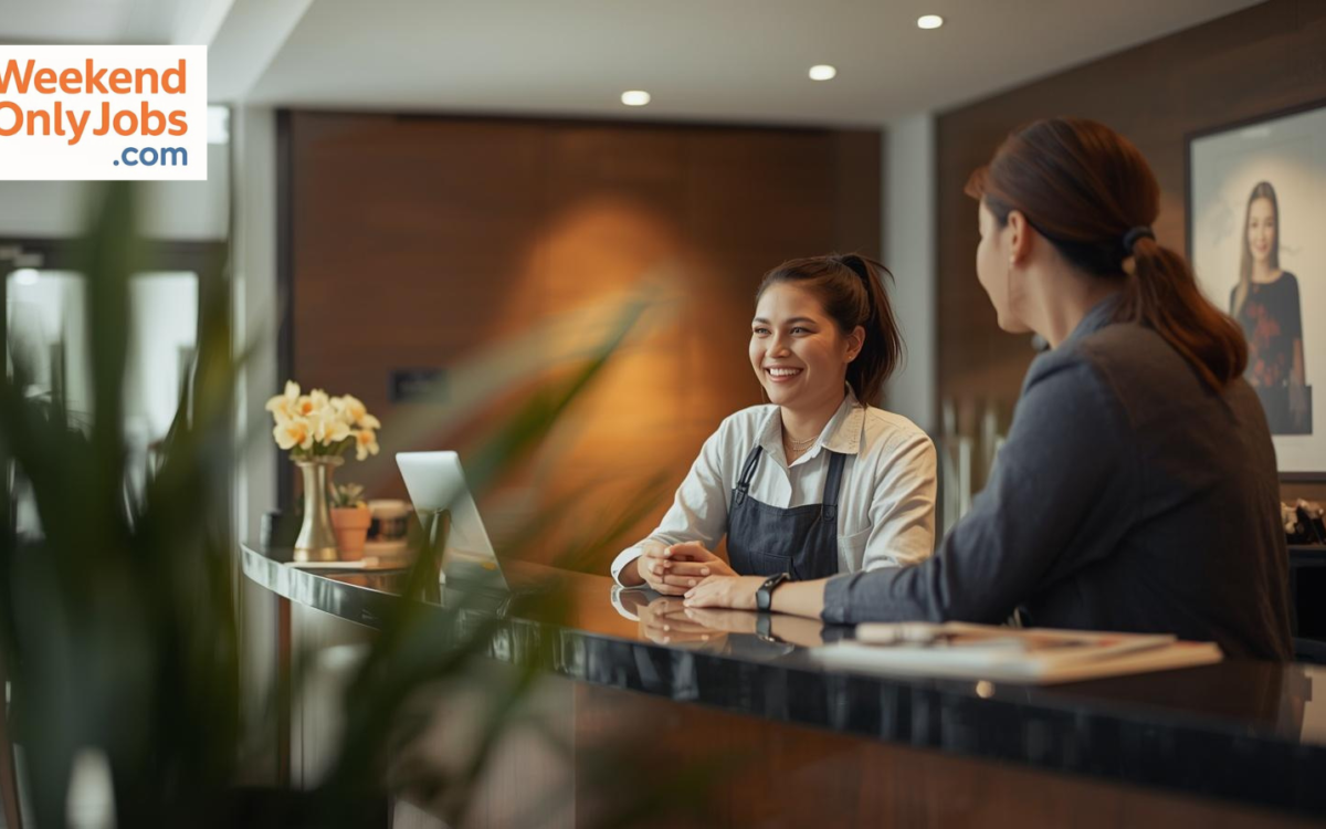 Weekend front desk job employee assisting guests at hotel reception desk