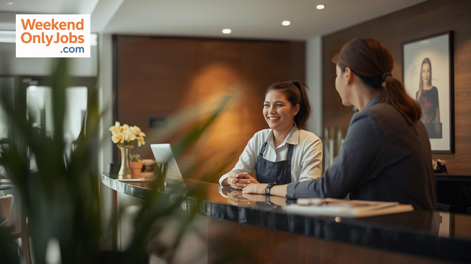 Weekend front desk job employee assisting guests at hotel reception desk
