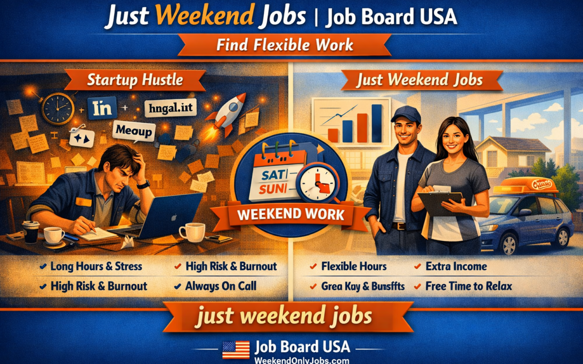 Split-screen infographic comparing startup hustle chaos with flexible weekend jobs.