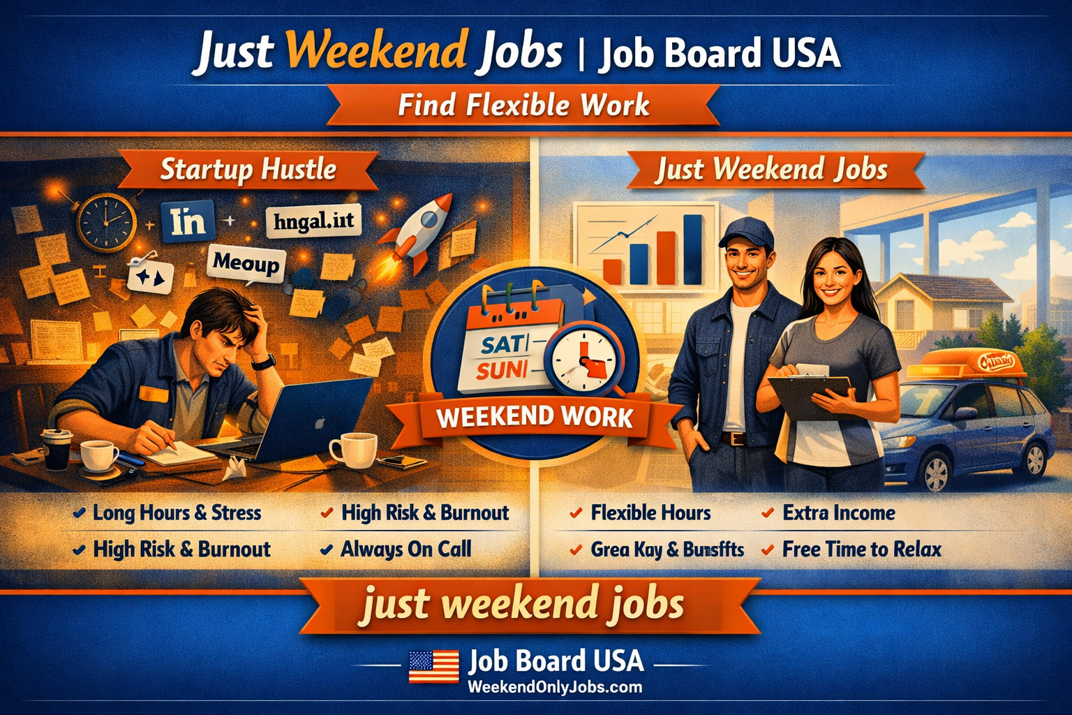 Split-screen infographic comparing startup hustle chaos with flexible weekend jobs.