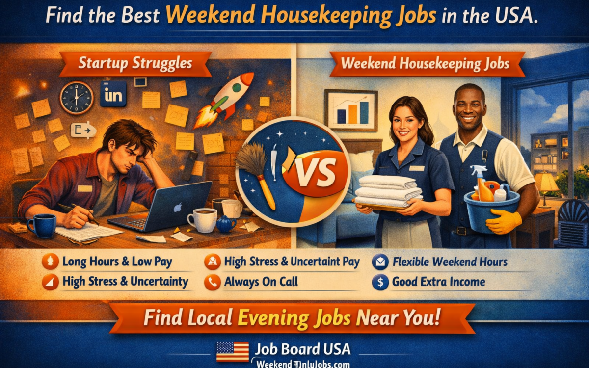 Infographic contrasting startup hustle chaos with structured weekend housekeeping jobs, featuring Job Board USA branding and CTA “weekend housekeeping jobs.