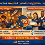 Infographic contrasting startup hustle chaos with structured weekend housekeeping jobs, featuring Job Board USA branding and CTA “weekend housekeeping jobs.