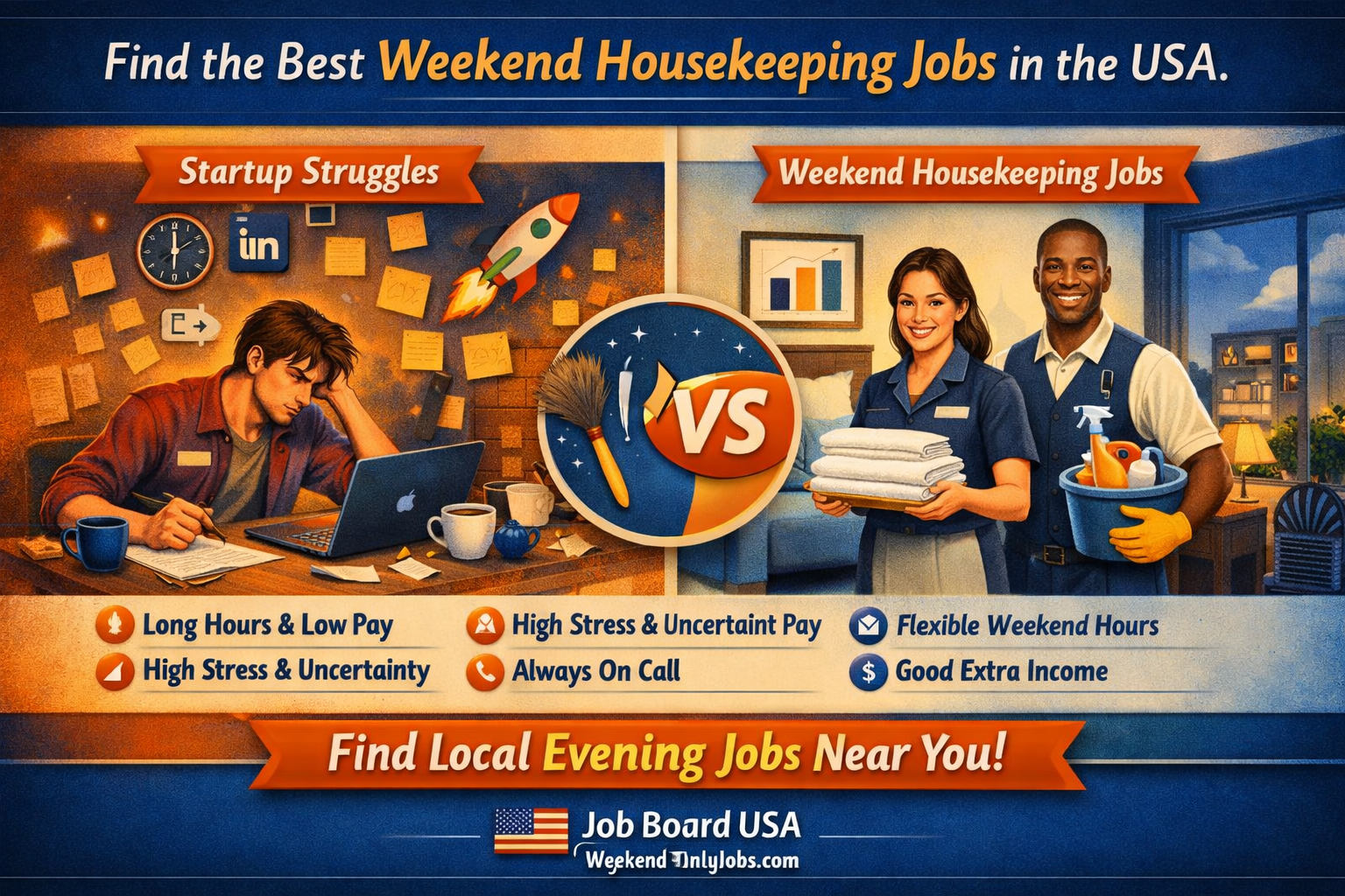 Infographic contrasting startup hustle chaos with structured weekend housekeeping jobs, featuring Job Board USA branding and CTA “weekend housekeeping jobs.