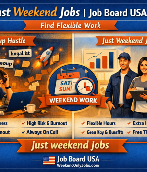 Split-screen infographic comparing startup hustle chaos with flexible weekend jobs.
