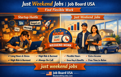 Split-screen infographic comparing startup hustle chaos with flexible weekend jobs.