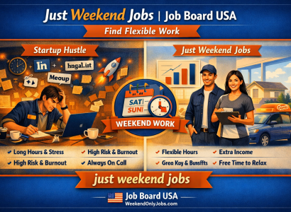 Split-screen infographic comparing startup hustle chaos with flexible weekend jobs.