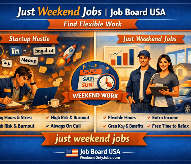 Split-screen infographic comparing startup hustle chaos with flexible weekend jobs.