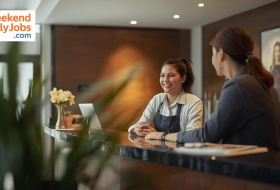 Weekend front desk job employee assisting guests at hotel reception desk