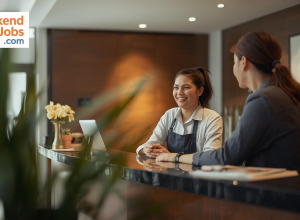 Weekend front desk job employee assisting guests at hotel reception desk