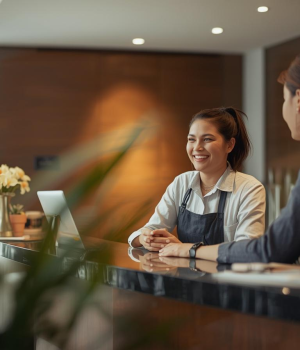 Weekend front desk job employee assisting guests at hotel reception desk