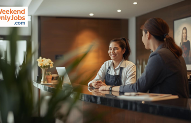 Weekend front desk job employee assisting guests at hotel reception desk