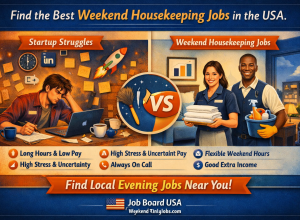 Infographic contrasting startup hustle chaos with structured weekend housekeeping jobs, featuring Job Board USA branding and CTA “weekend housekeeping jobs.
