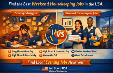 Infographic contrasting startup hustle chaos with structured weekend housekeeping jobs, featuring Job Board USA branding and CTA “weekend housekeeping jobs.
