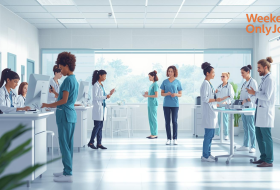 Weekend nurse assisting patient in U.S. hospital during Saturday shift