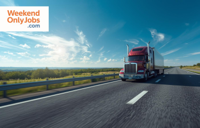 Truck driver inspecting semi-truck before weekend delivery route